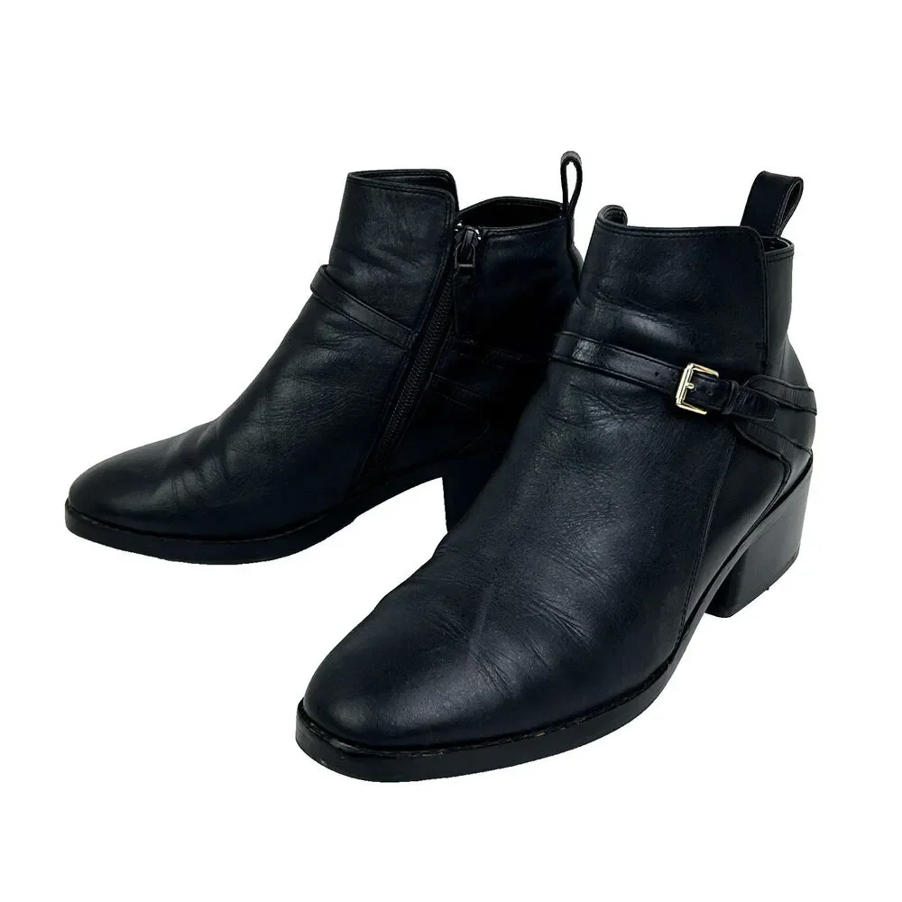 Cole Haan Etta Black Ankle Booties Low Heel Buckle Boots Classic Leather Shoes 8